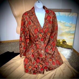 NWT Floral Brown Orange & Red Button Long Jacket size Petite Small ⏲️📬